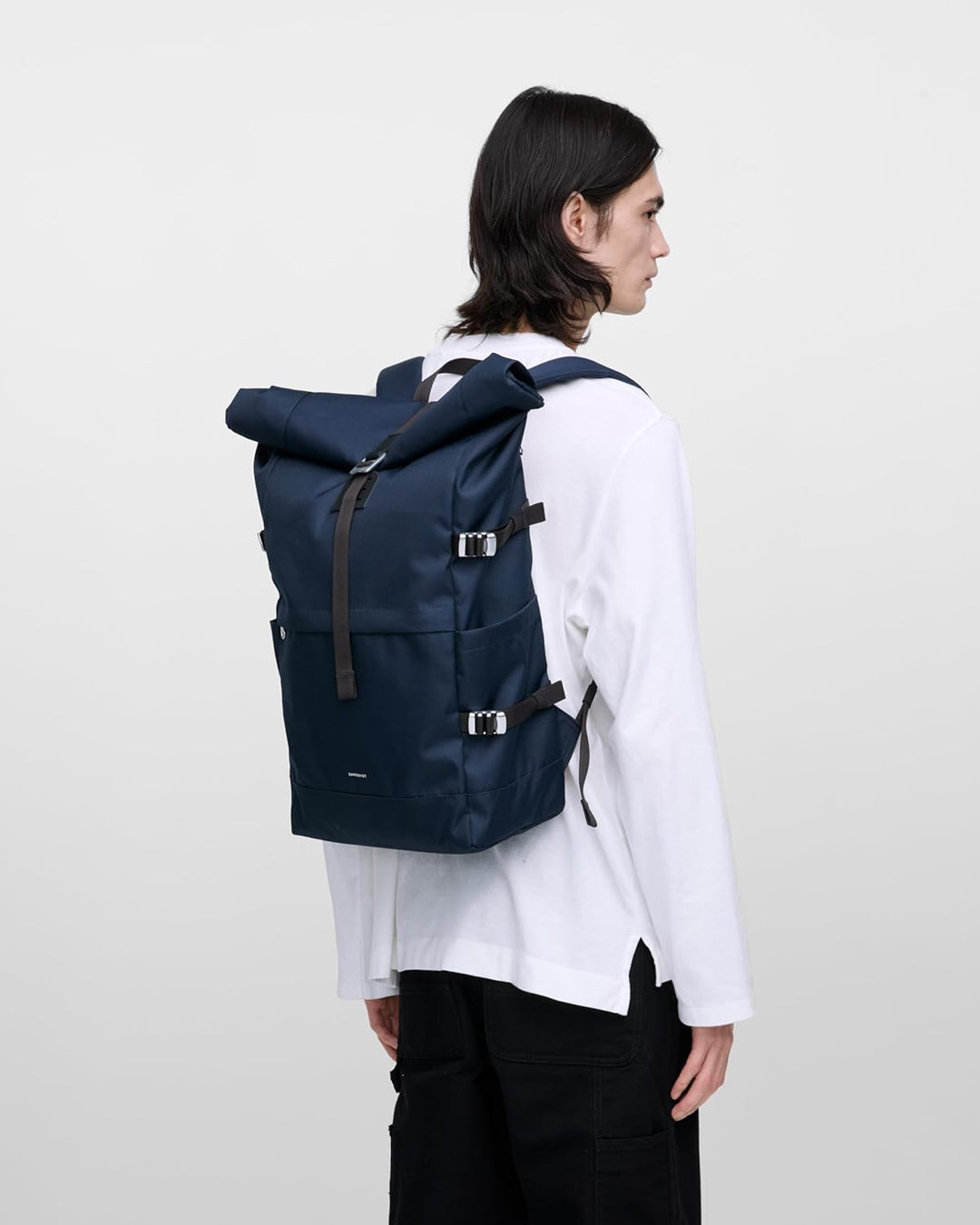 Sandqvist Icon Rolltop Backpack L Backpack Navy With Black Leather, Navy With Black Leather