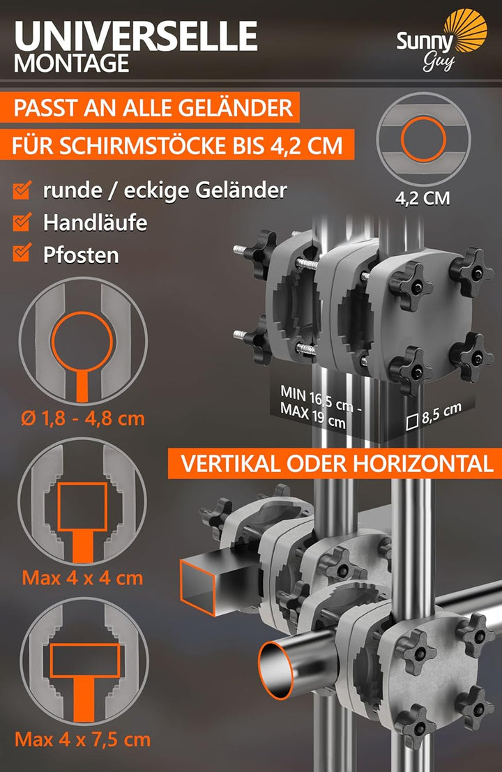 4smile Sonnenschirm Balkon SunnyJoy, 3-in-1 SET, Anthrazit - UPF 50+ Sonnenschirm Ø 200 cm + SunnyGu