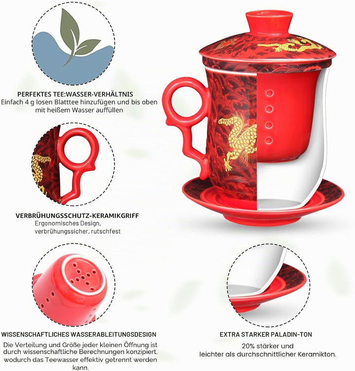 YURROAD Teetasse Mit Teesieb Deckel Und Untertasse Chinesisches Drachenmuster Aus Chinesischem Porze