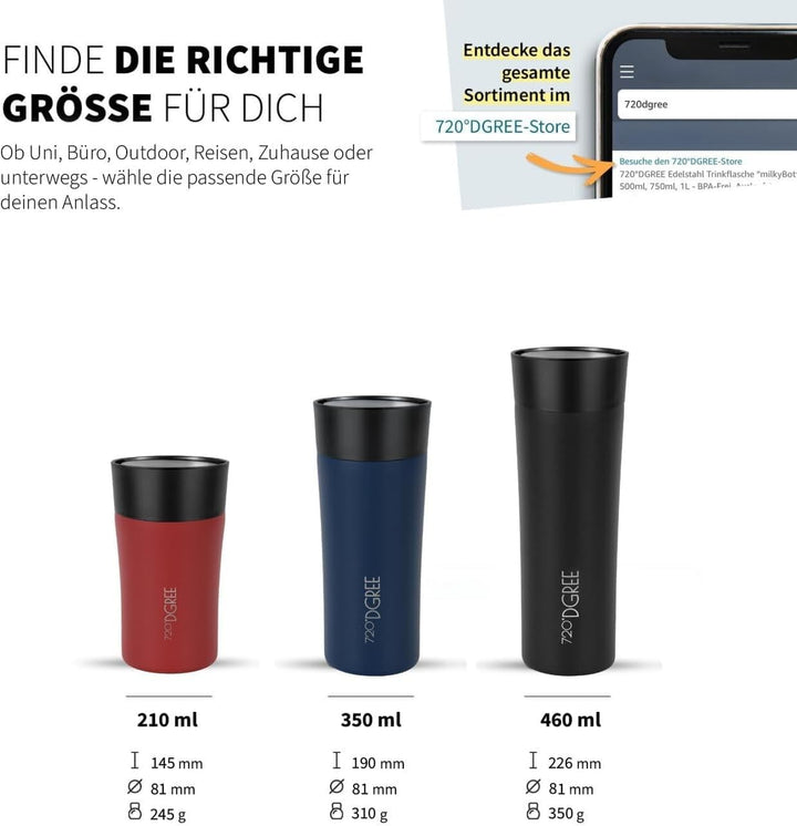 720°DGREE Thermobecher 210ml “PleasureToGo 2.0” - 3 Grössen, 3h Heiss, 6h Kalt, Auslaufsicher, BPA-F