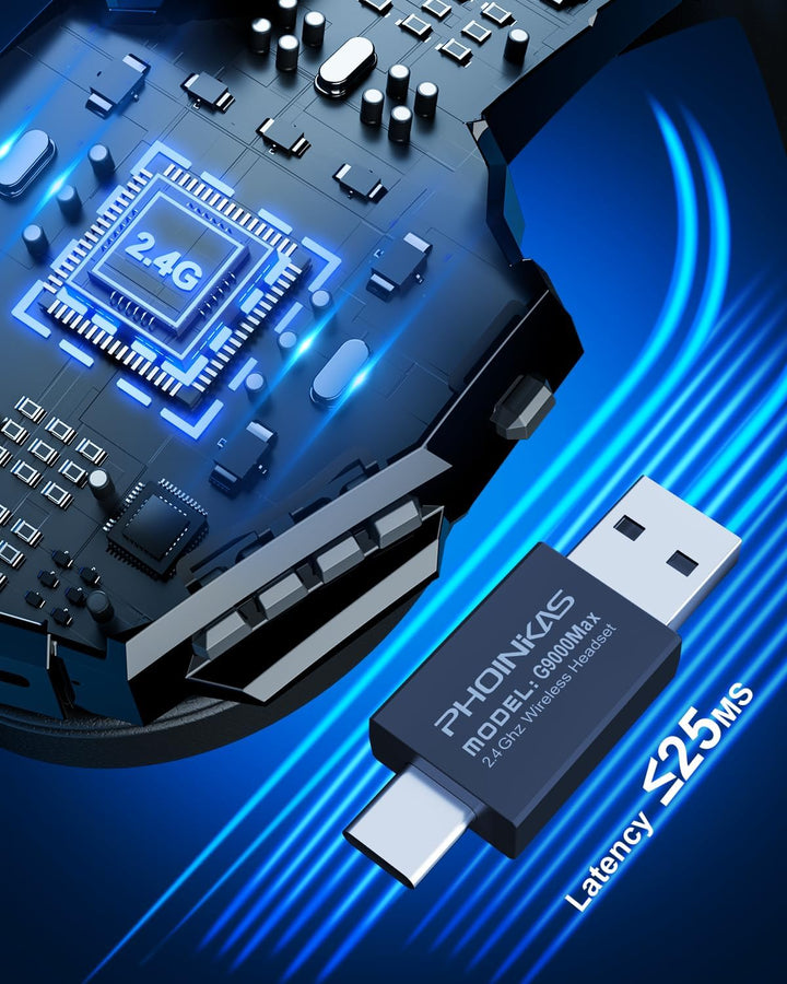PHOINIKAS Gaming Headset Wireless, Kabellose Kopfhörer, für PS4/PS5/Switch/PC, 2,4GHz-Dongle und 3,5