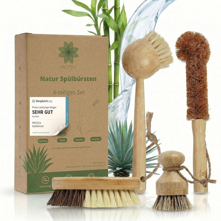 PROTEA Spülbürste mit Ersatzköpfen (4er Set) - nachhaltige Geschirrbürste - wiederverwendbar - aus B