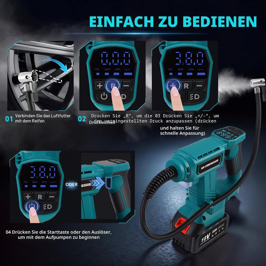 Tragbarer Luftkompressor für Batterien 18 V, max. 11 bar, automatischer Aufblaser mit digitalem Mano