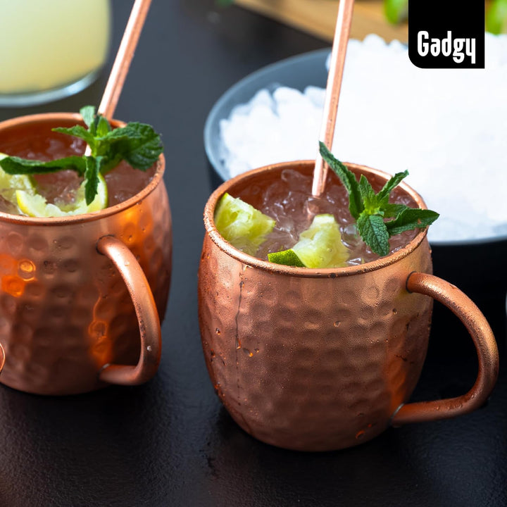 Gadgy Moscow Mule Becher Set aus Kupfer – 2 Handgefertigte Kupferbecher + 2 Strohhalme + Barmass – C