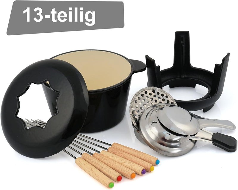 BBQ-Toro Gusseisen Fondue Set für 6 Personen | 1 Liter | Fondueset 13 teilig mit Brenner und Gabeln