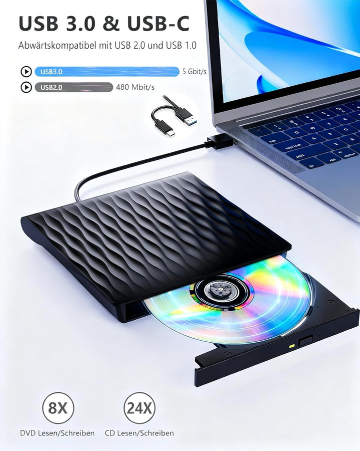 DANGZW Externes CD DVD Laufwerk, Slim Tragbarer Externer Brenner USB 3.0 Typ-C, RW CD-ROM Externe Op