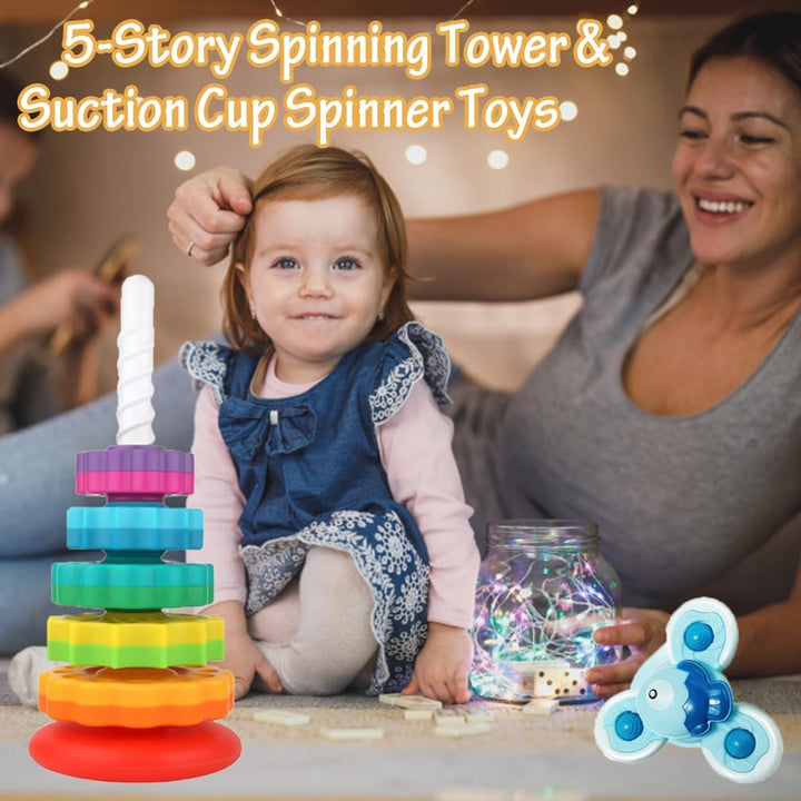 Stapelturm mit Saugnapf Spielzeug Baby, Kinder Stapelringe Bunt Motorik Kreative Pyramide Turm 5 Sch
