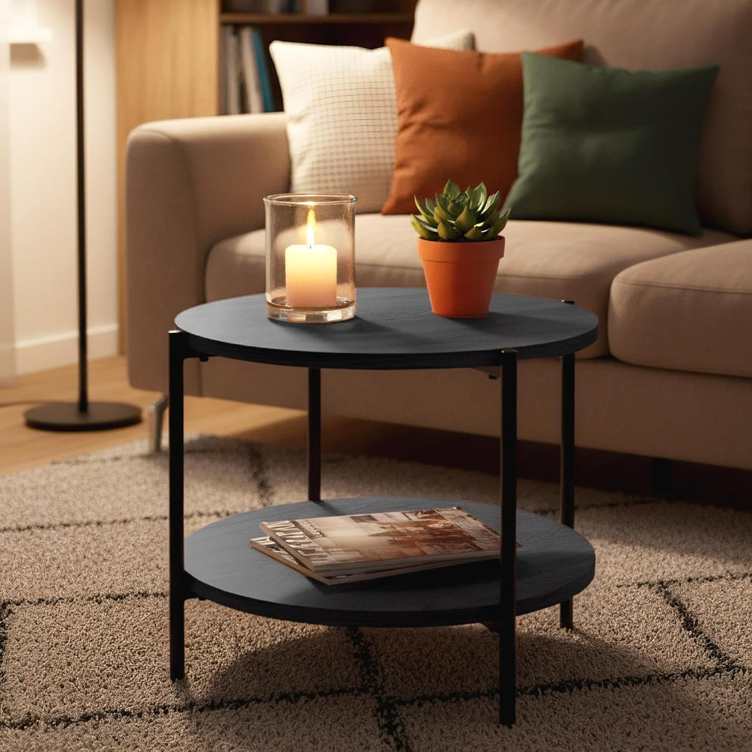 CLP Couchtisch rund Holz Edduma, Sofatisch 2 Ebenen mit Stauraum, Beistelltisch klein Metallgestell