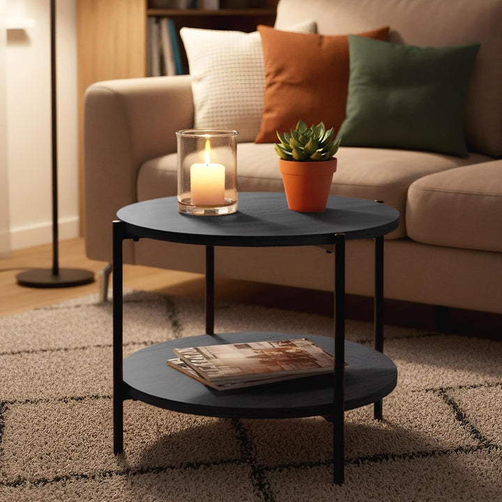 CLP Couchtisch rund Holz Edduma, Sofatisch 2 Ebenen mit Stauraum, Beistelltisch klein Metallgestell