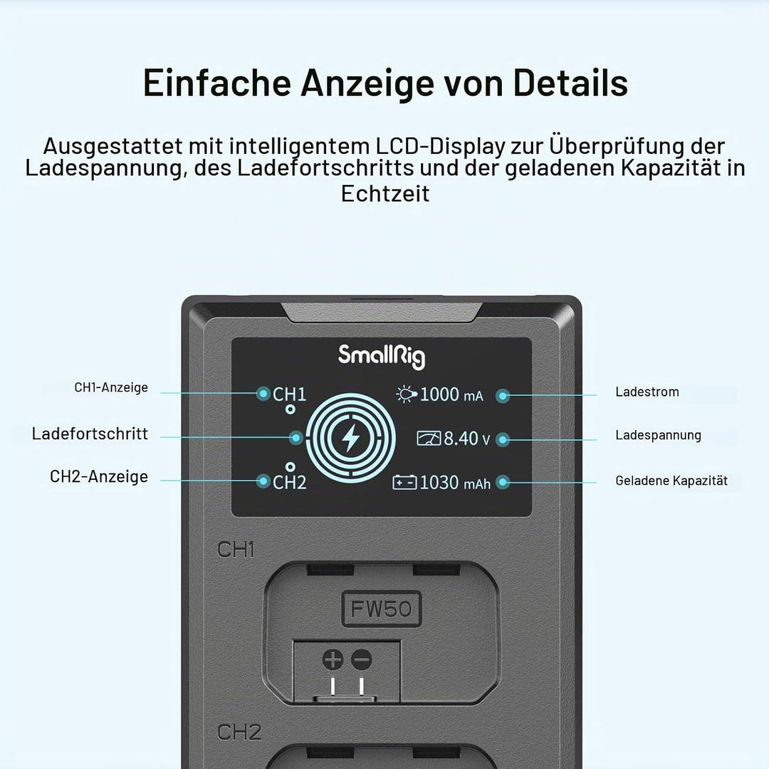 SMALLRIG NP-FW50 Ersatzbatterien (2 Stück) &amp; LCD Display Ladegerät Set, Wiederaufladbarer Akku für S