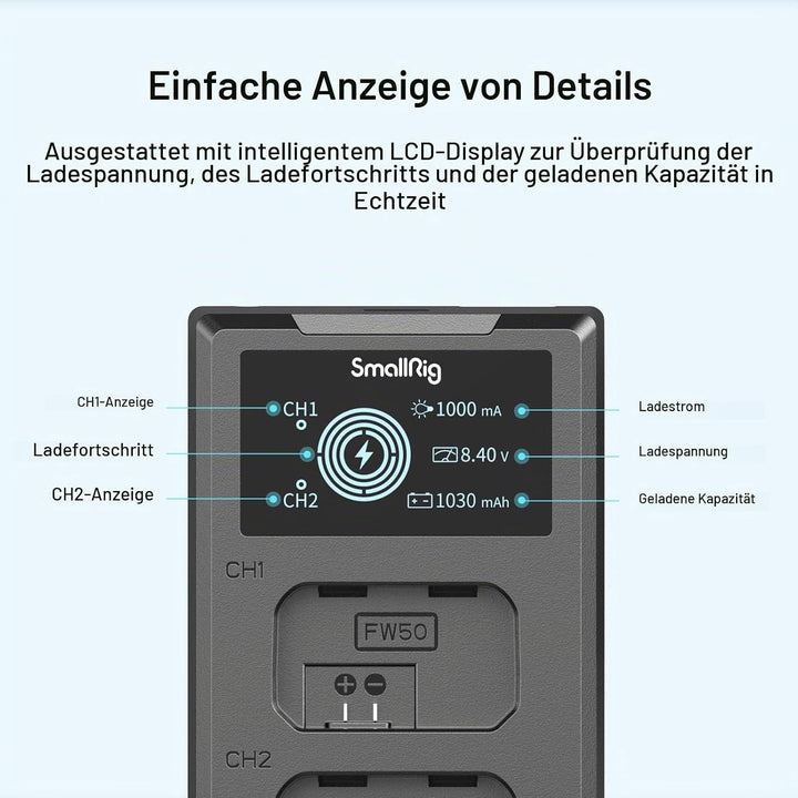 SMALLRIG NP-FW50 Ersatzbatterien (2 Stück) &amp; LCD Display Ladegerät Set, Wiederaufladbarer Akku für S