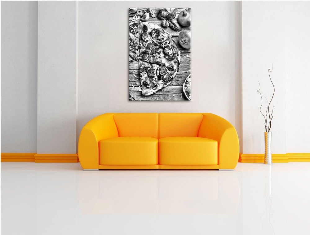 Pixxprint Monocrome, Leckere Pizza Italia auf Holztisch, Format: 100x70 auf Leinwand, XXL riesige Bi