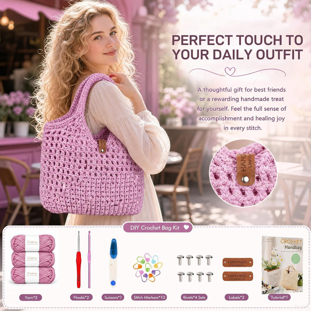 BOUFEIDA Häkelset für Anfänger Häkeltasche, Häkelset Tasche mit Häkelnadel 4,5mm, Anleitung, Ergonom