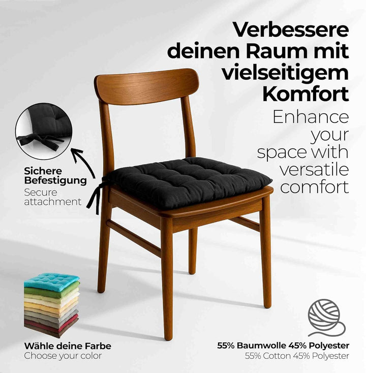 etérea Basic Sitzkissen 40x40 cm 2er Set mit Bändern Indoor Outdoor Schwarz 2 Stück - 40x40 cm Schwa