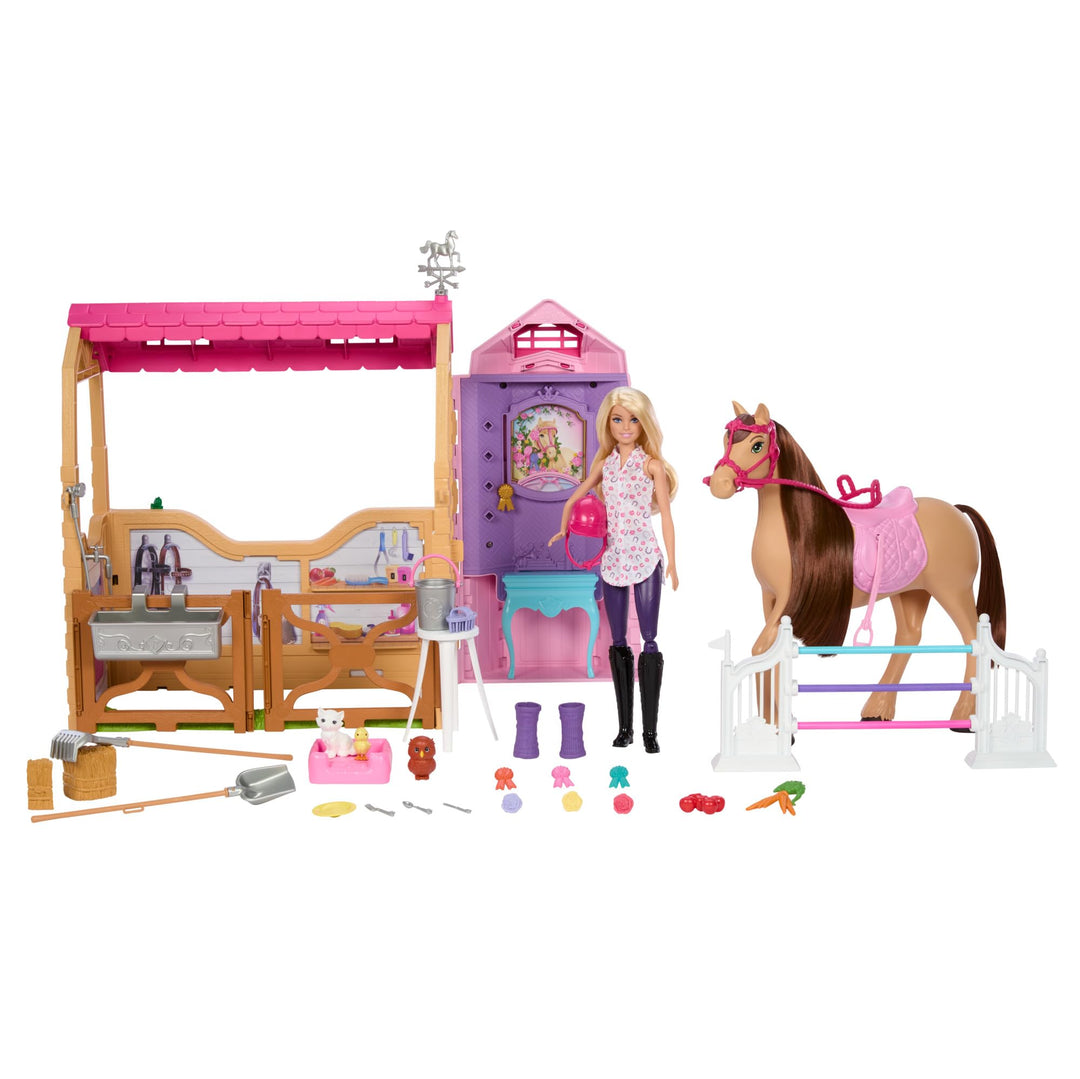 Barbie Spielzeugstall-Spielset mit Puppe, Pferd und Zubehör, mehr als 25 Teile mit 6 Spielbereichen,