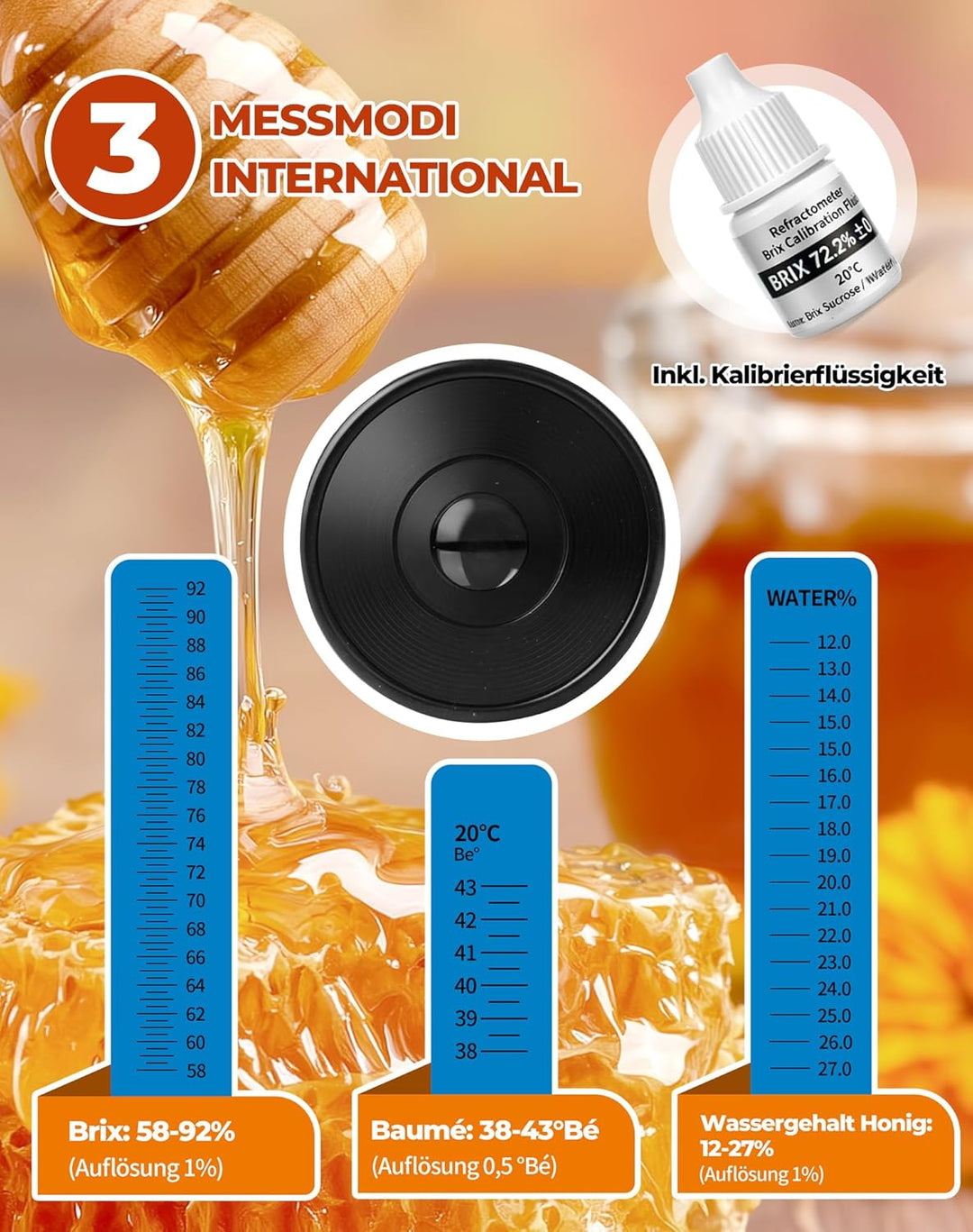 LAOYE 3IN1 Refraktometer Honig Wassergehalt 12-27% Brix 58–92% Baumé 38-43°Bé Imker Refraktometer Ho