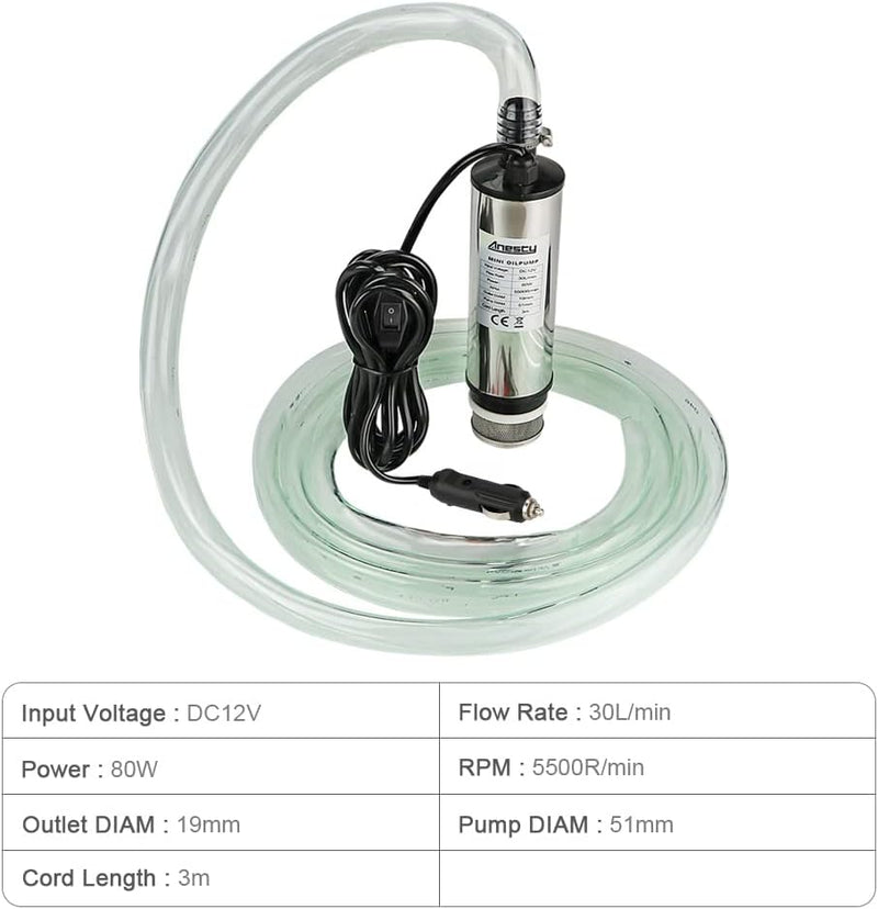 Edelstahl Transfer Pumpe 12V 51mm Wasserpumpe Tauchpumpe für Auto Diesel Öl Heizöl Wasser Kraftstoff