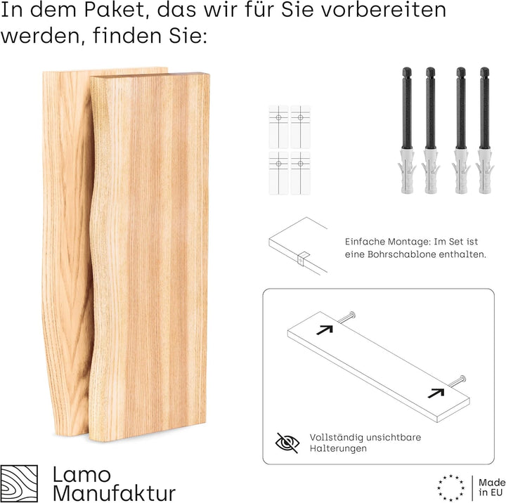 LAMO Manufaktur 2 Stück Wandregal aus Holz mit unsichtbarer Befestigung 2X 40cm | Wandregal aus 100%