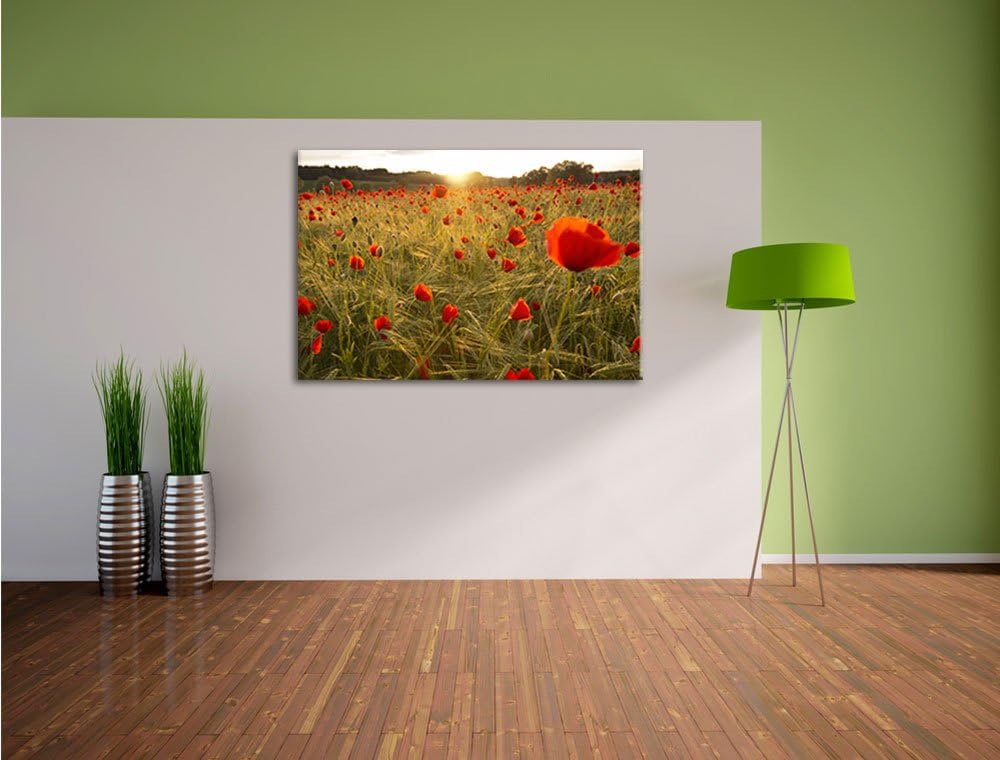 Pixxprint Traumhaftes Mohnfeld bei Sonnenuntergang, Format: 100x70 auf Leinwand, riesige Bilder fert