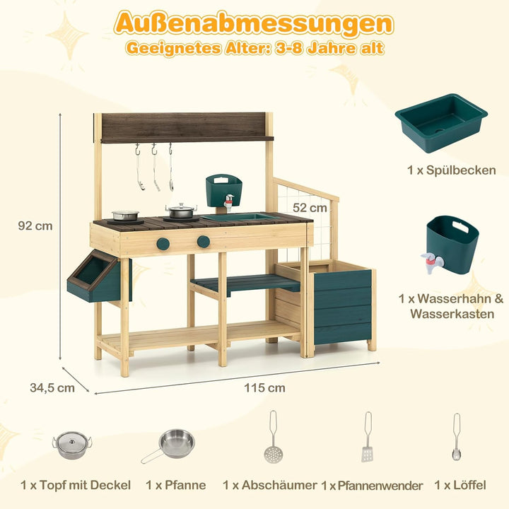 COSTWAY Matschküche Kinder Outdoor, Kinderküche mit Pflanzkasten & Rankgitter, Holzküche mit Wasserf