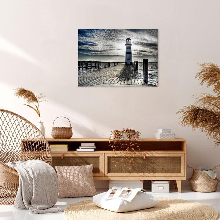 Bilder auf Leinwand See Leuchtturm Holzbrücke Wasser Leinwandbild 70x50cm Wandbilder Dekoration Wohn