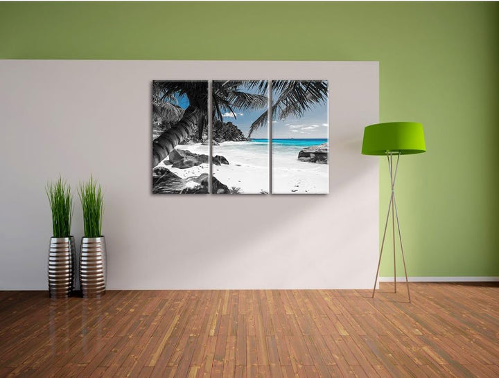 Pixxprint Palmenstrand Seychellen als Leinwandbild | Grösse: 3 Teilig (120x80) | Wandbild| Kunstdruc