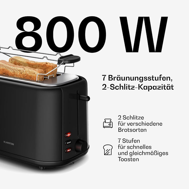 Klarstein Velaire Toaster – Toaster für 2 Scheiben 800 W, 7 Bräunungsstufen, Auftauen &amp; Aufwärmen, B