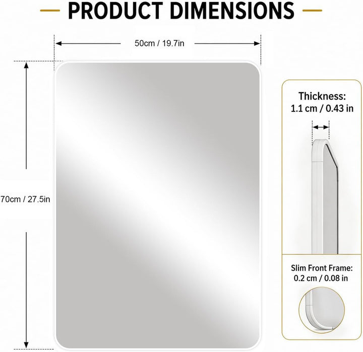 Weisser Rahmenspiegel 50 x 70 cm, grosser Badezimmer-Wandspiegel, rechteckiger Badezimmerspiegel zur