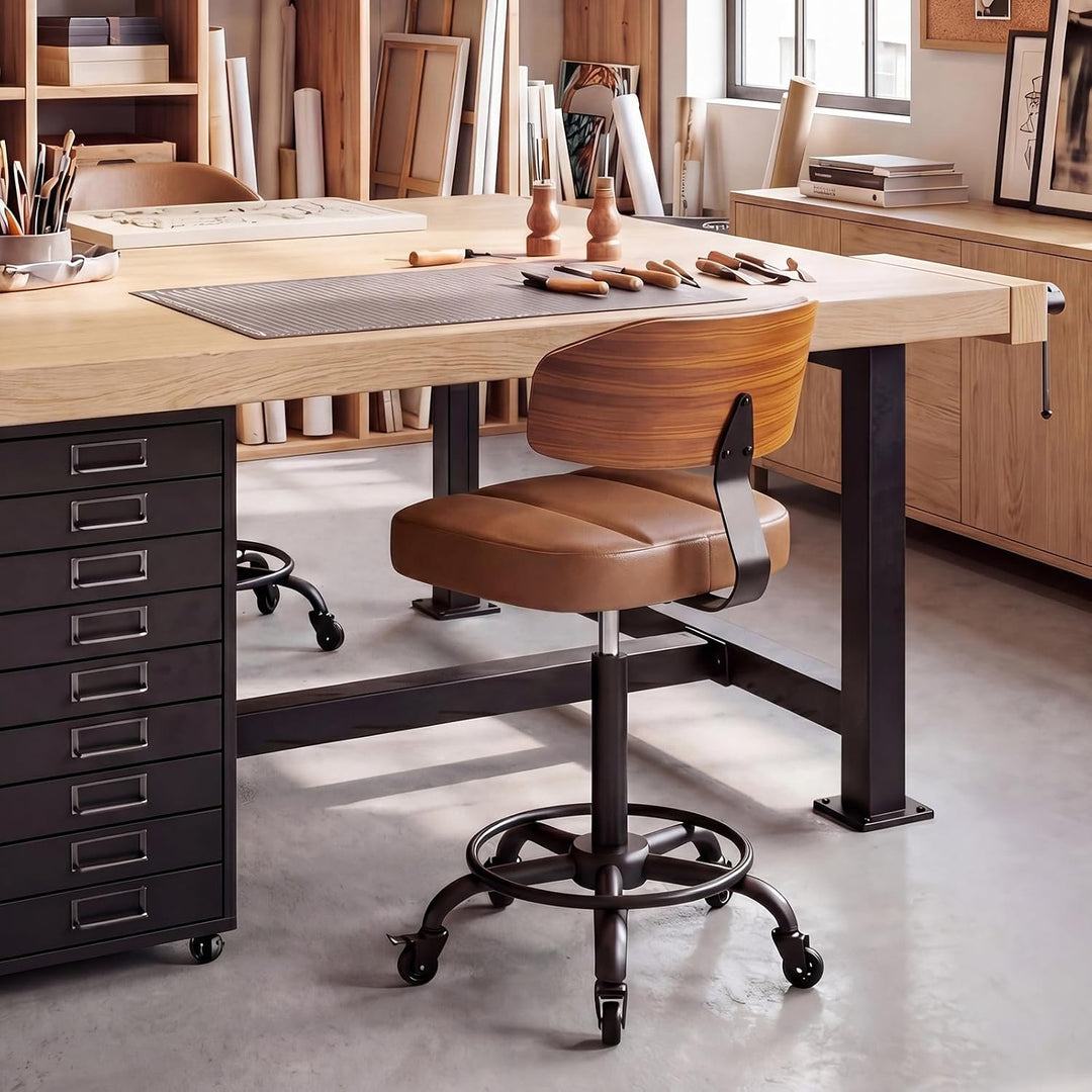 Rollhocker HöHenverstellbar, Bürohocker Ergonomisch,Arbeitshocker, Drehhocker 360°,Mit Massivholz Rü