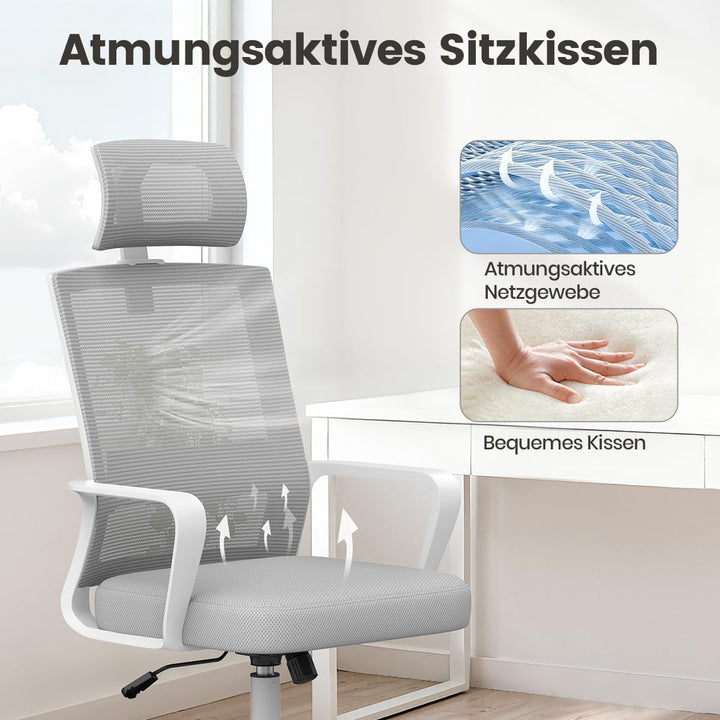 naspaluro Ergonomischer Bürostuhl, Schreibtischstuhl mit Verstellbarer Kopfstütze, Atmungsaktiver Ne