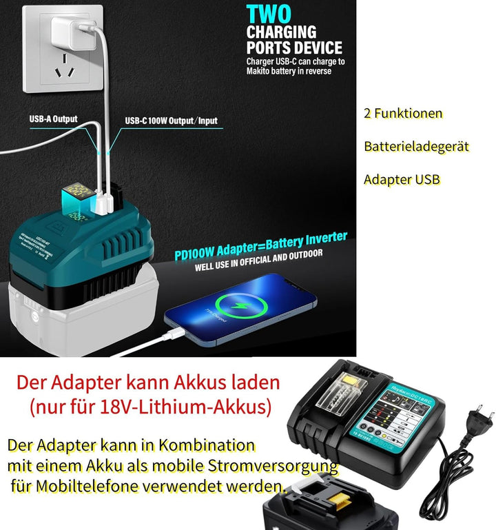 Schnellladegerät DC18RC kompatibel mit Makita18 Volt Akku,Mini Tragbar,100W USB Typ-C Ladegerät elek
