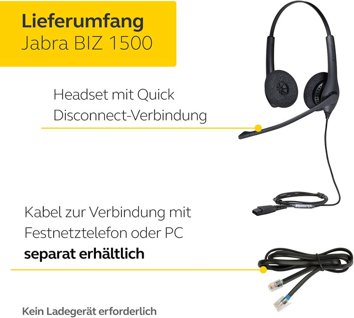 Jabra Biz 1500 Quick Disconnect On-Ear Stereo Headset - Corded Headphone with Noise-cancelling Micro