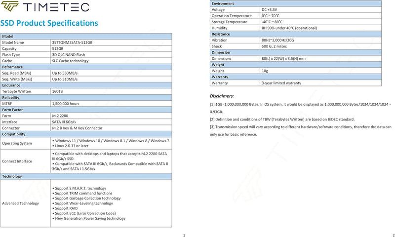 Timetec 512 GB SSD 3D NAND QLC SATA III 6 Gb/s M.2 2280 NGFF Lesegeschwindigkeit bis zu 520 MB/s SLC