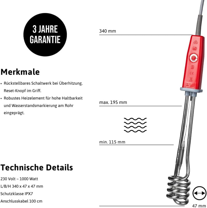 EHLERS Tauchsieder ATS 110 – 1.000 Watt Tauchsieder mit Sicherheitsabschaltung