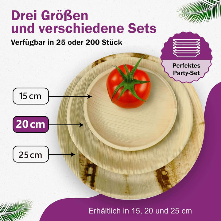 Waipur Bio Palmblatt Geschirr - 25 Teller rund Ø 20 cm - Premium Einmalteller kompostierbar- Umweltf