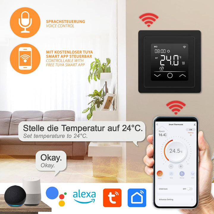 Mi-Heat Mi-750 Raumthermostat WLAN schwarz - Tuya Smart App Alexa Google Home - wassergeführte und e