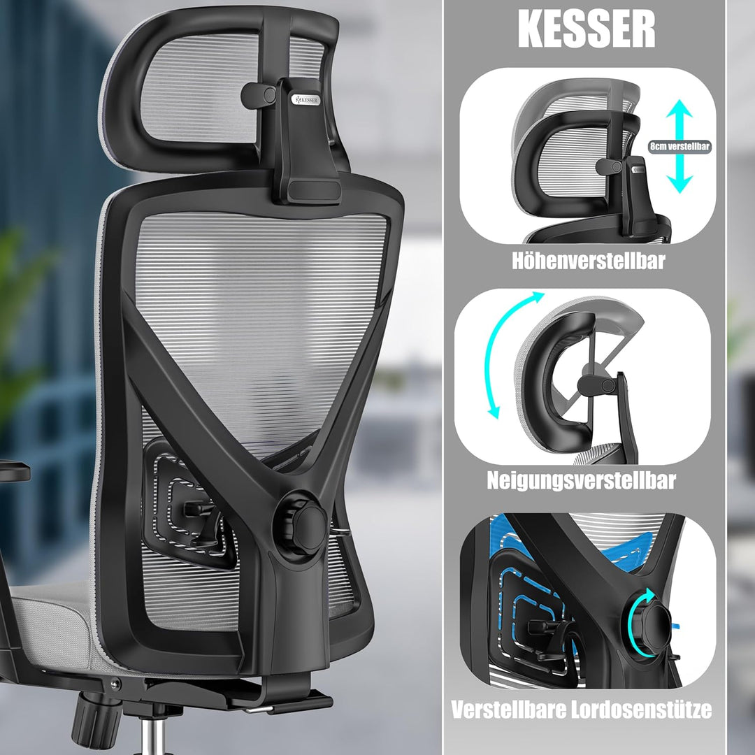 KESSER® Bürostuhl Ergonomisch mit verstellbaren Armlehnen | Drehstuhl mit Lendenwirbelstütze Rückens