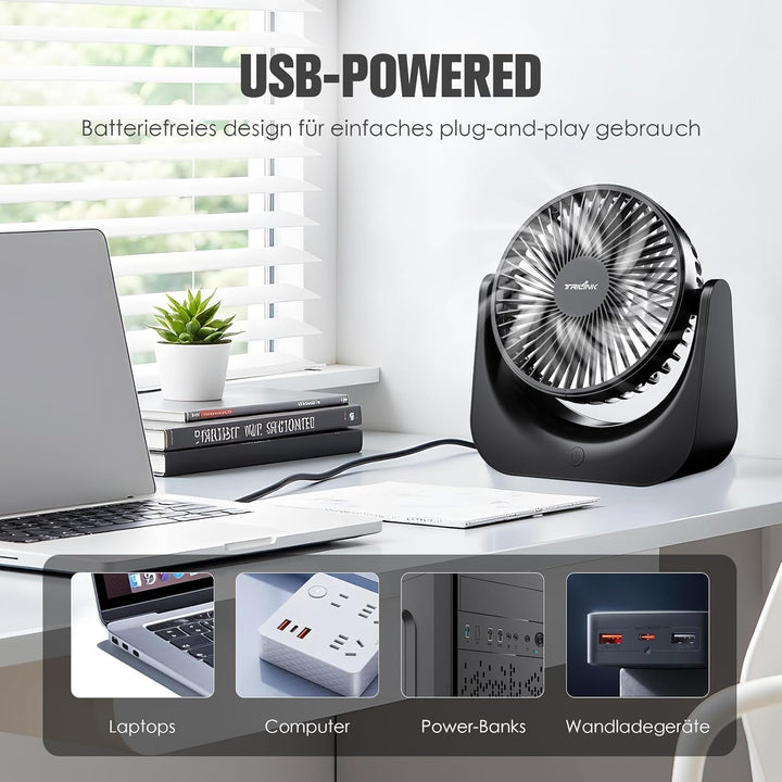 TRILINK USB Ventilator – Kleiner Tischventilator mit 5 Stufen, neigbar, leise & USB-betrieben – Trag