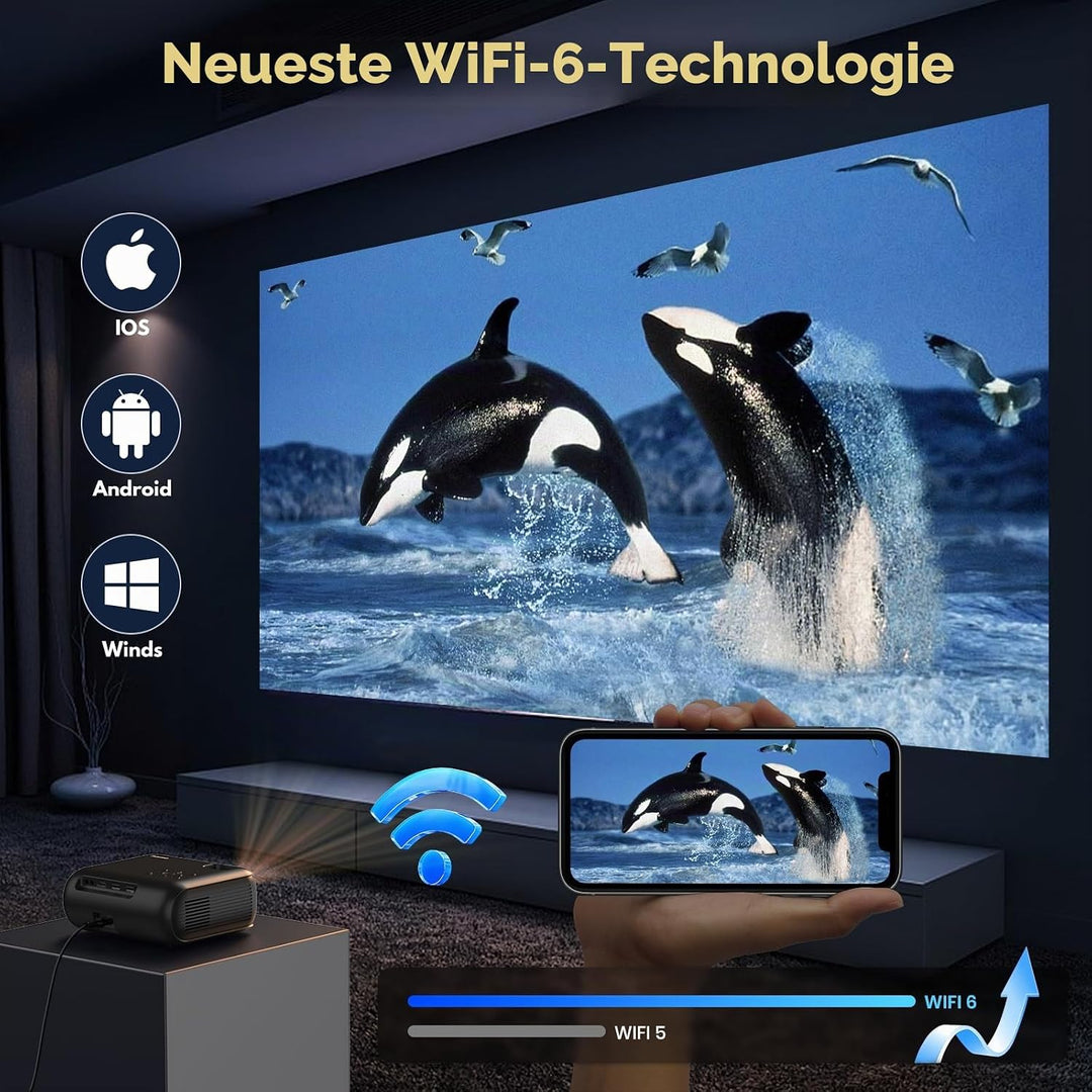 Mini Beamer mit WLAN und Bluetooth, 1080P Native, 4K-Unterstützung, Premium-Lautsprecher, Smart Andr