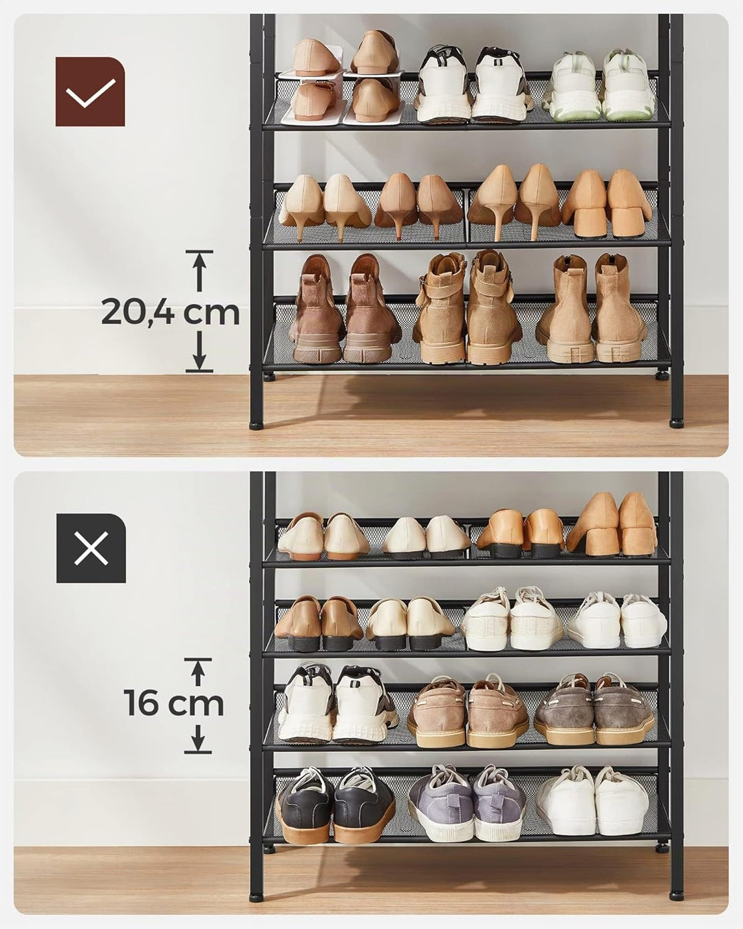 VASAGLE Schuhregal, Schuhablage, 5 Ebenen, grosse Oberfläche, verstellbare Gitterablagen, platzspare
