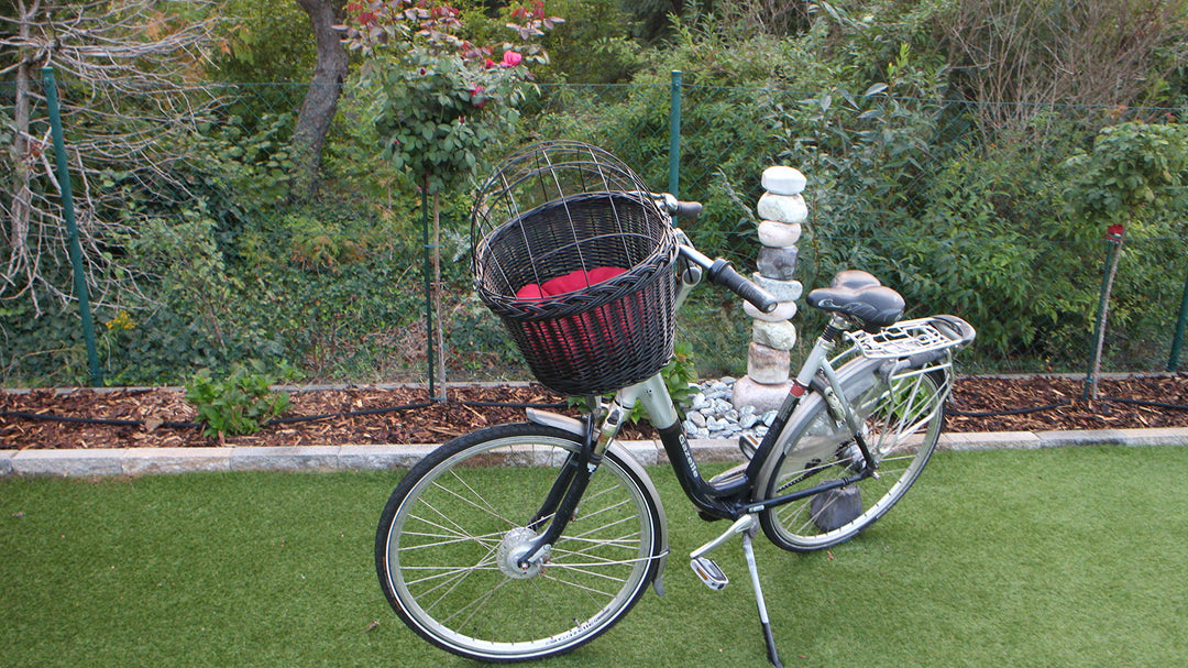 Hundefahrradkorb für Fahradlenker aus Weide in Schwarz mit Metallgitter und Kissen Verschiedene Grös