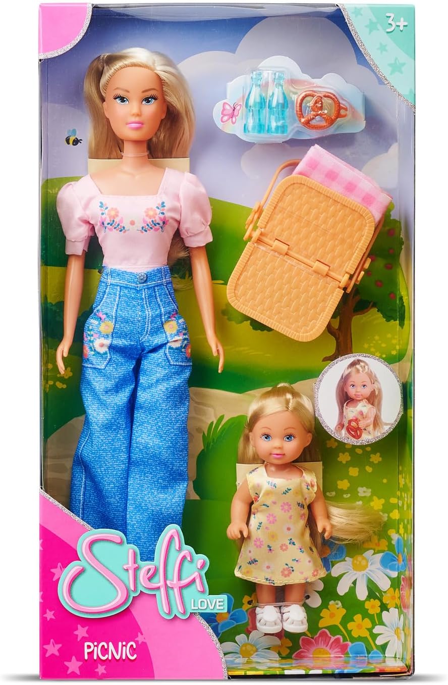 Simba Steffi Love Picnic – Steffi (29cm) & Evi (12cm) beim Picknick, inkl. Picknickkorb, Decke & Zub