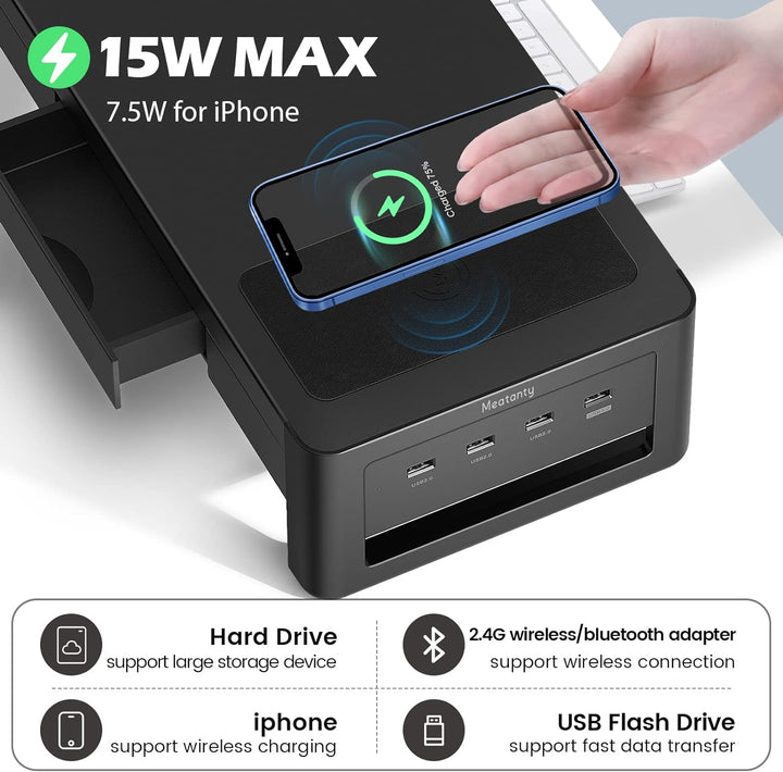 meatanty Monitorständer, 3 in 1 Monitorständer mit USB-Anschlüssen, kabellosem Ladegerät und Schubla