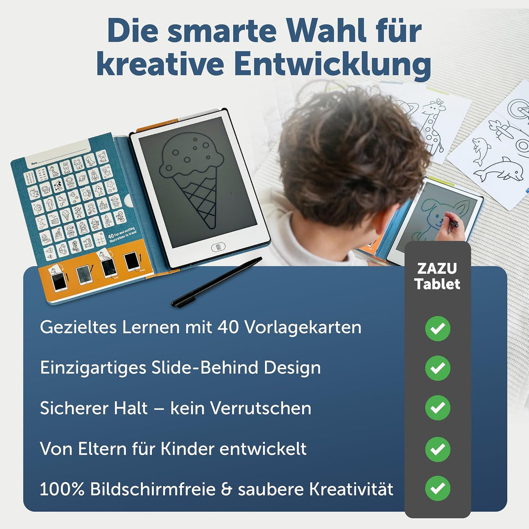 ZAZU Fun LCD Zeichentablet für Kinder – 8,5 Zoll Maltablet mit 40 Vorlagenkarten & Stift, Löschfunkt