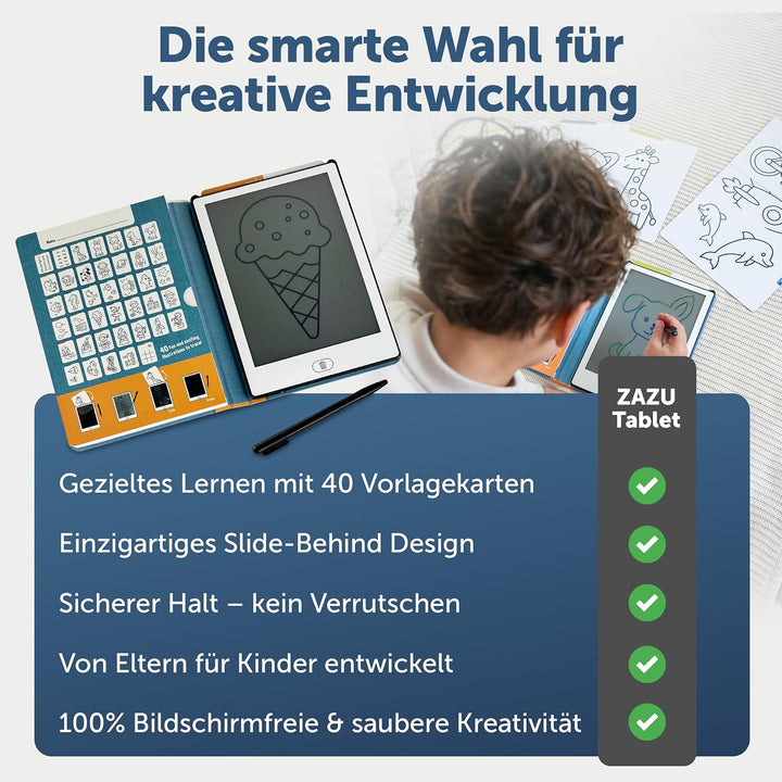 ZAZU Fun LCD Zeichentablet für Kinder – 8,5 Zoll Maltablet mit 40 Vorlagenkarten & Stift, Löschfunkt