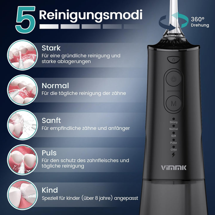 Munddusche Kabellos Elektrischer Zahnreiniger, Vimmk Zahndusche Water Flosser 5 Modi & 8 Düsen USB-C