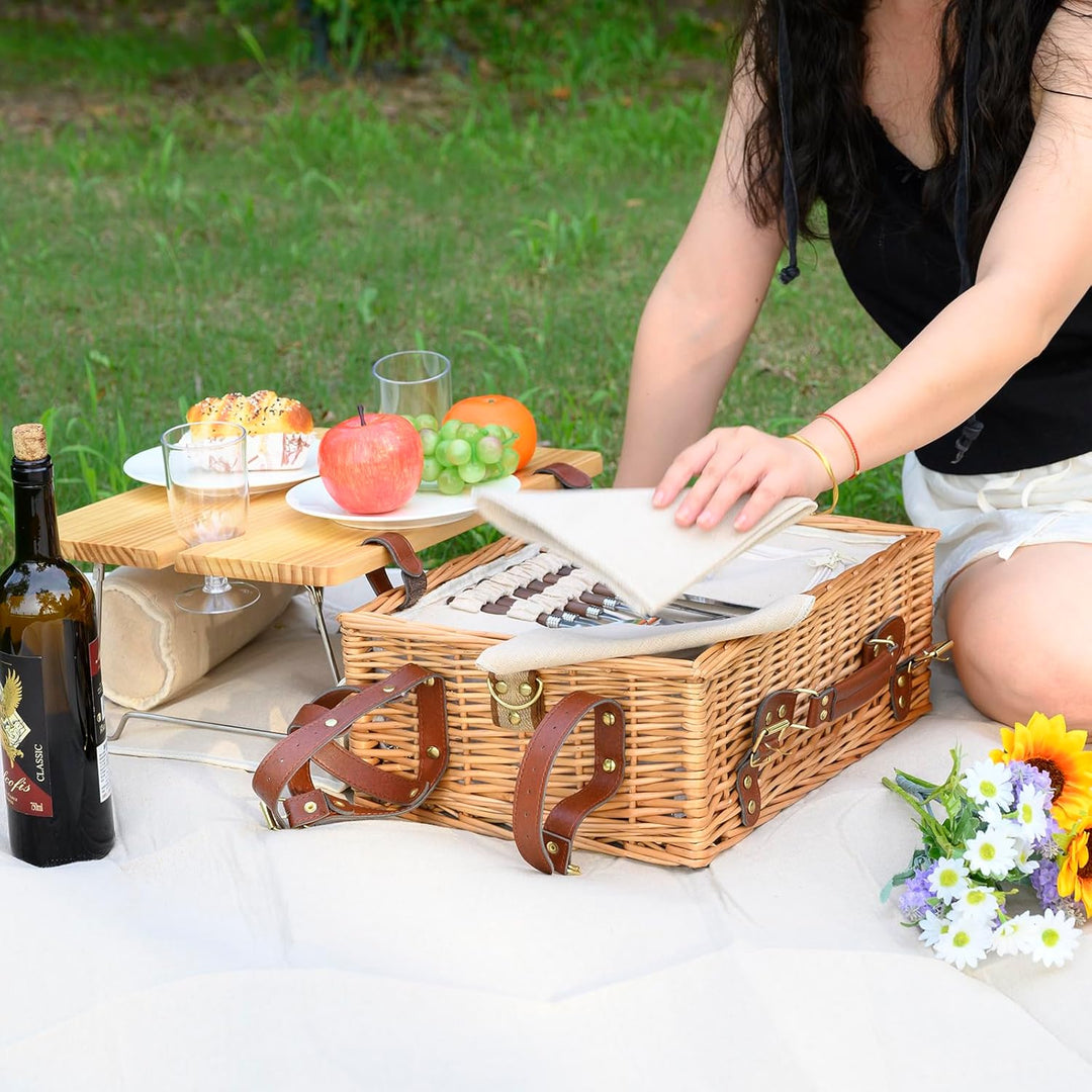 Multifunktionales Picknickkorb-Set aus Weidengeflecht für 2 Personen mit Decke und Picknicktisch, is