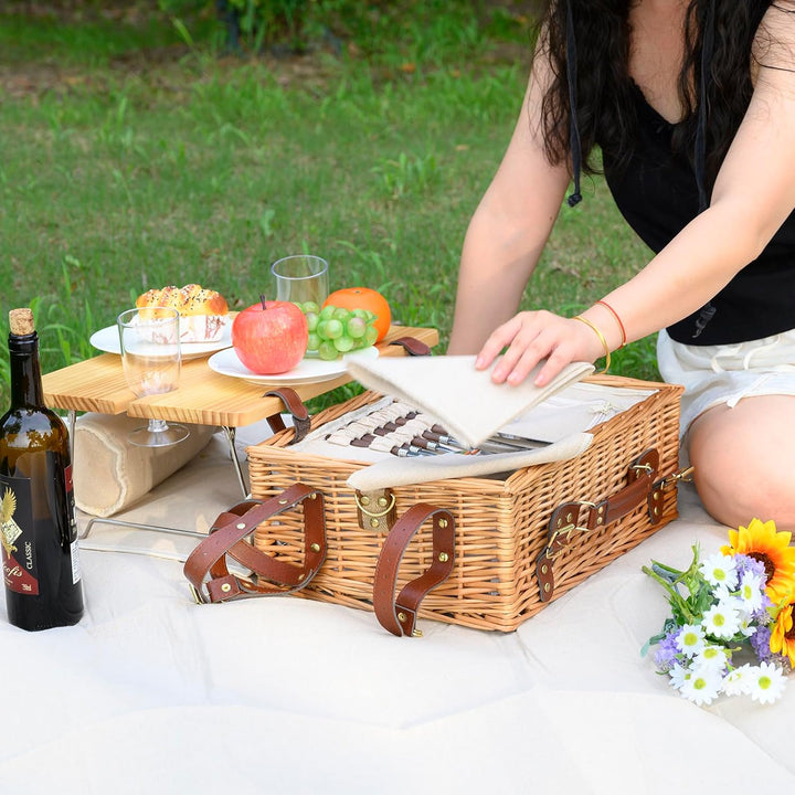 Multifunktionales Picknickkorb-Set aus Weidengeflecht für 2 Personen mit Decke und Picknicktisch, is