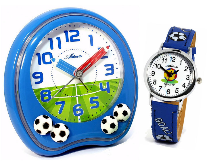 Atlanta Kinderwecker ohne Ticken mit Armbanduhr Fussball - 1719/5 KAU Blau, Blau