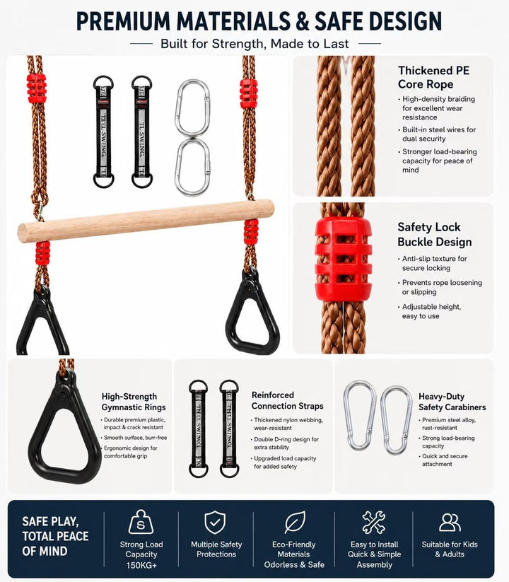 Multifunktions Kinderholz Trapeze Schaukel mit Kunststoffringen Turnringe Ringe zum Aufhängen belast